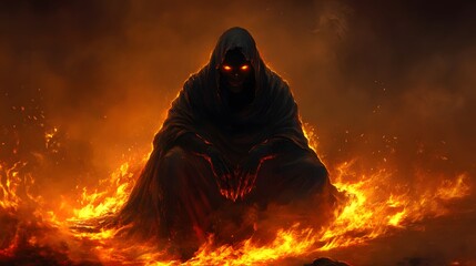 Grim Reaper in Fire with Glowing Eyes and Fantasy Art