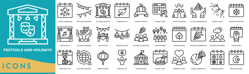 Festivals and Holidays icon. Holiday Celebration, Festive Decorations, Cultural Festivals, Valentine's Day and Harvest Festival 