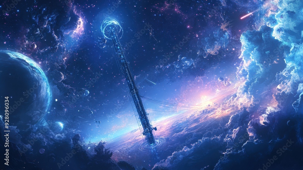 Poster futuristic space station orbiting a colorful planet with stars and nebulae.