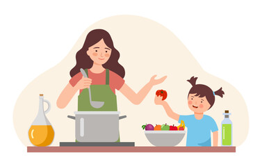 Mother and little daughter making food together. Cooking with kids. Vector illustration in a flat design.