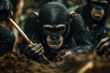 Obraz premium Close-up of a Chimpanzee Using a Stick to Dig in the Ground, Surrounded by Flying Ants.