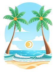Fototapeta premium 2D Flat-Style Illustration of a Serene Beach Scene with Palm Trees, Sun, and Waves, Set Against a Plain Background with Generous Copy Space for Branding or Text