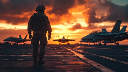 Silhouette Pilot Aircraft Carrier Deck