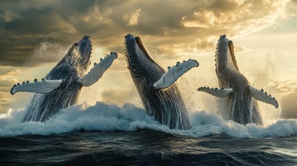 Fototapeta premium Three Humpback Whales Leap From the Ocean During a Dramatic Sunset