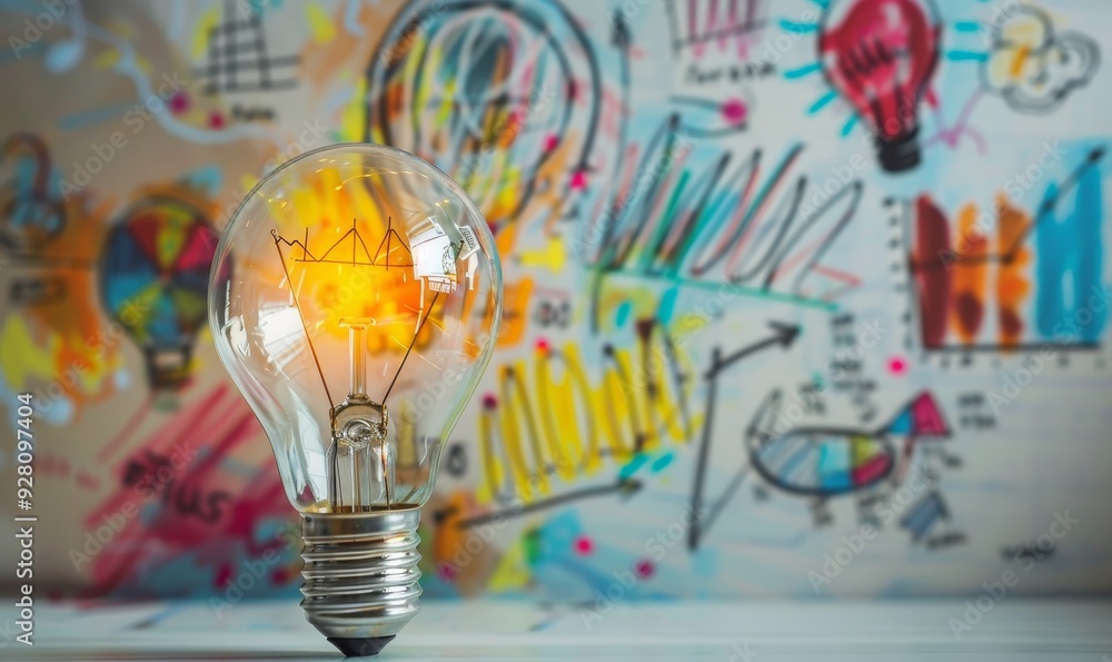 Poster a lit light bulb in front of a colorful hand-drawn background