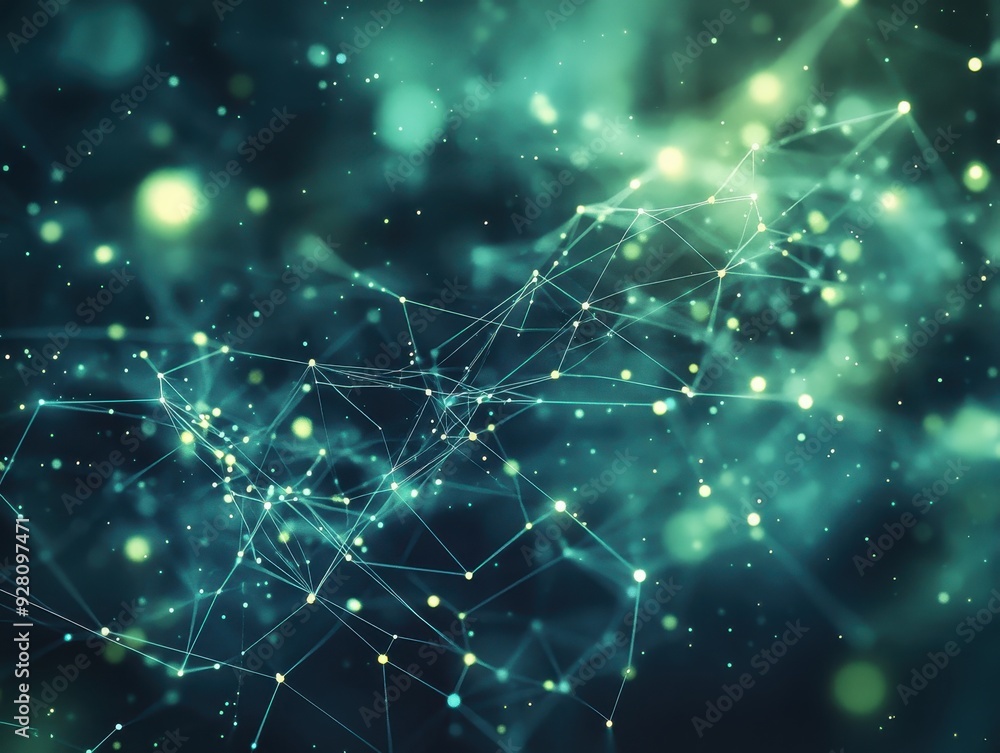 Poster abstract green and yellow network background with bokeh lights.