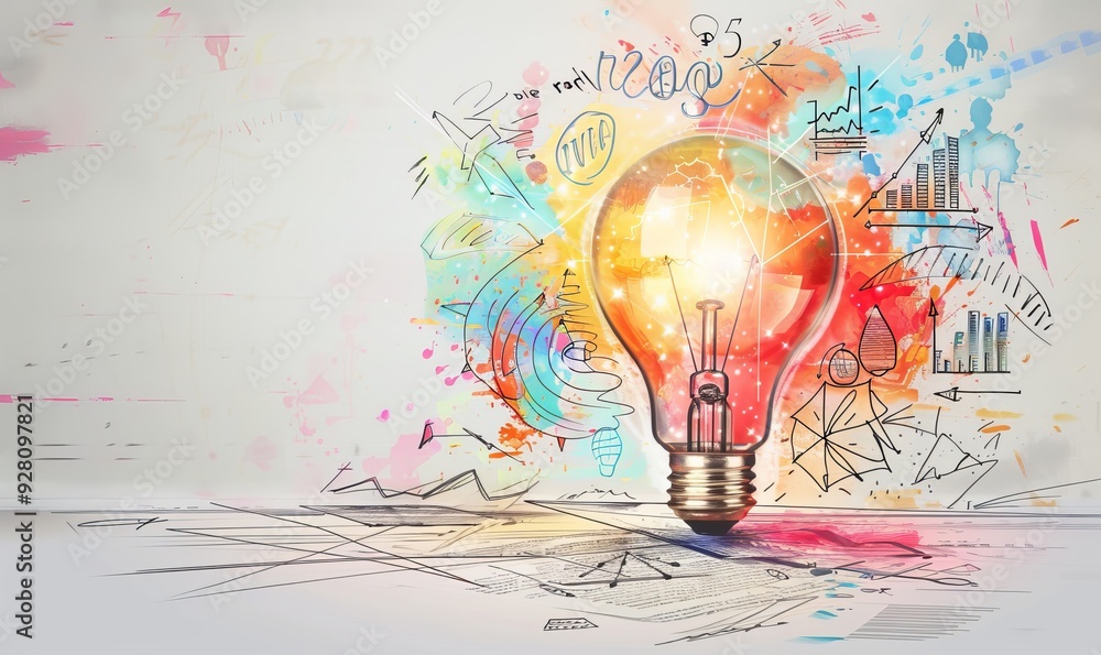 Poster illuminated light bulb surrounded by abstract watercolor and hand-drawn charts and graphs