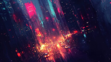 Fototapeta premium Abstract Cityscape Painting with Neon Lights and Cars at Night.