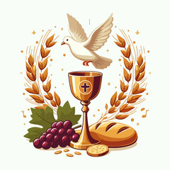 A bird is flying over a cup and a bunch of grapes