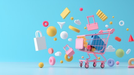 A vibrant shopping cart surrounded by colorful, playful shapes against a blue background, perfect for e-commerce and retail themes.