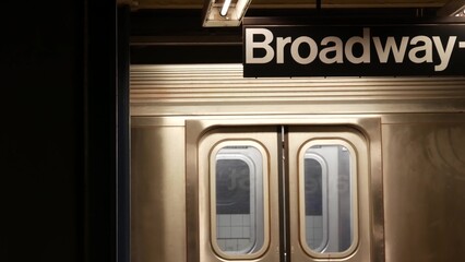New York City subway station interior, underground metropolitan platform sign. Metro railway train,...