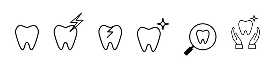 Tooth or teeth icons for dentistry clinic, tooth care icon. Vector outline healthy tooth or teeth icons