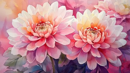 Fototapeta premium Watercolor chrysanthemums with intricate petal structures.