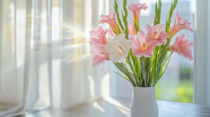 Watercolor gladiolus flowers in a tall, elegant vase.