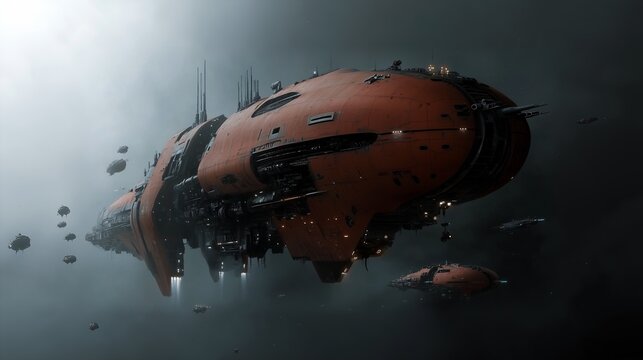 spaceships floating air lot debris crimson grey machinery physicality based symmetry inspiring giant athanor