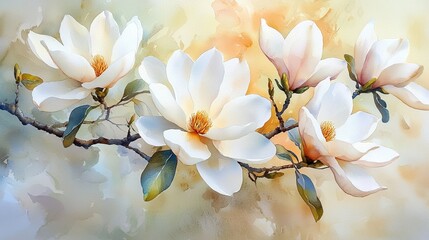 Fototapeta premium Watercolor magnolias with large, white petals and a soft background.