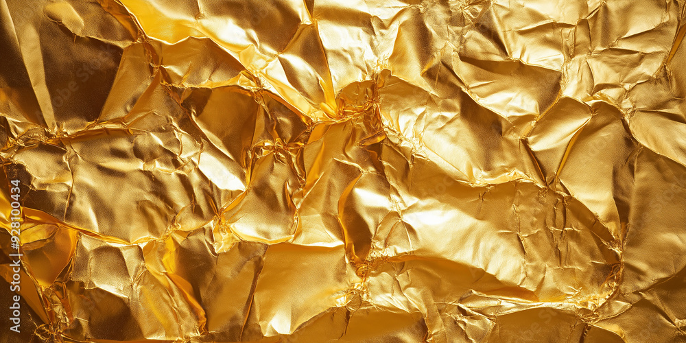 Poster crumpled gold foil texture creating a shiny metallic background