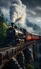 A beautiful old red locomotive with a long body passes through a picturesque landscape. This photo captures the train crossing an old bridge with lush forest and towering mountains in the background