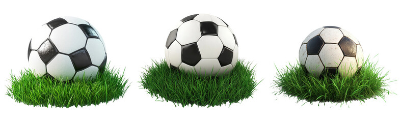 Obraz premium Set of three footballs on grass patches isolated on transparent background