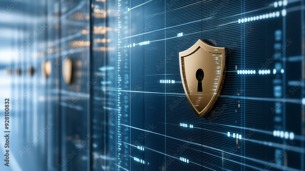 Aufkleber Golden shield protecting server room with binary code, cybersecurity concept