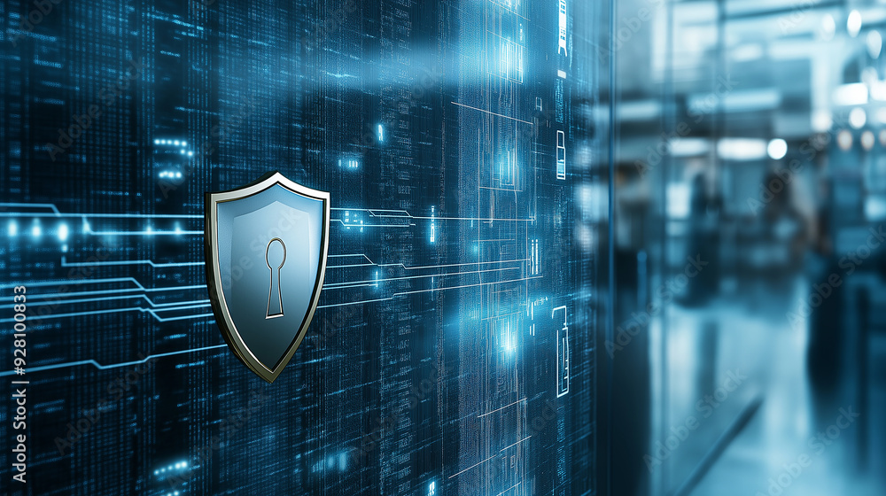 Poster Cyber security system protecting data with shield lock on server room background