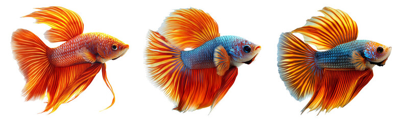 Fototapeta premium Set of vibrant Betta fish in various colors isolated on transparent background