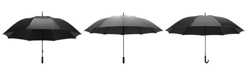 Three black umbrellas aligned side by side isolated on transparent background