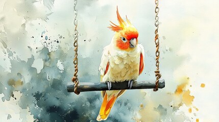 Watercolor Cockatiel with soft, delicate feathers, perched on a swing.
