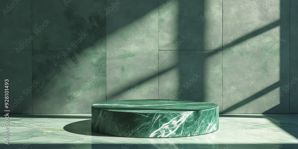 Poster empty round green marble podium on green marble background with sunlight from window