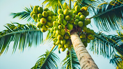 Lush tropical palm tree adorned with vibrant green fruit hanging gracefully from its swaying branches showcasing the bounty and beauty of a thriving exotic garden or plantation