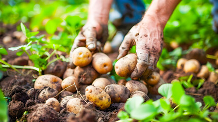 Close up view of a gardener s hands digging into the soil to harvest fresh organic potatoes from a home vegetable garden