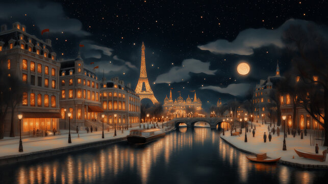 Eiffel tower illuminating romantic night in paris with full moon