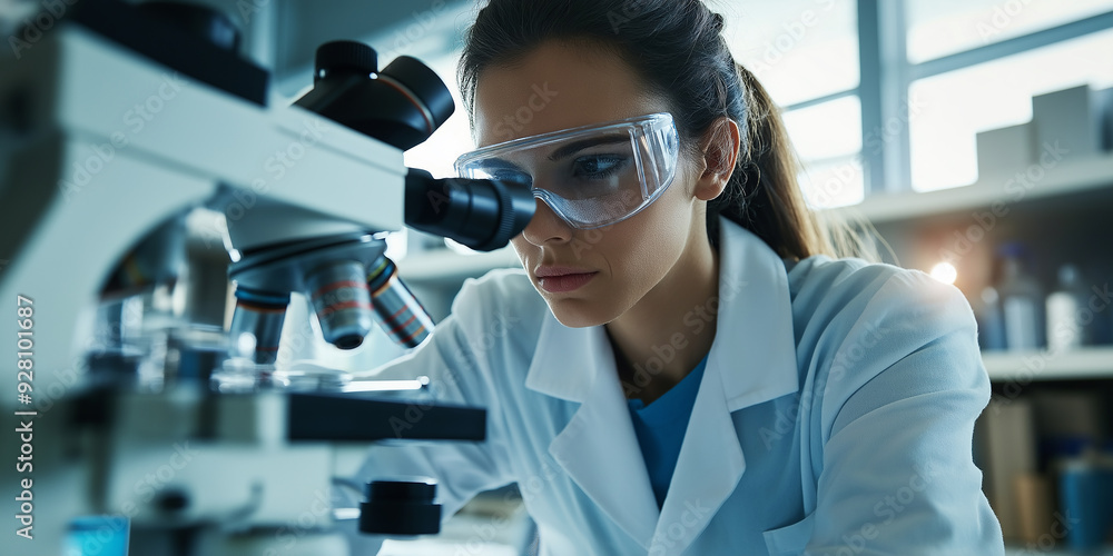 Aufkleber female scientist wearing safety glasses using a microscope in a laboratory