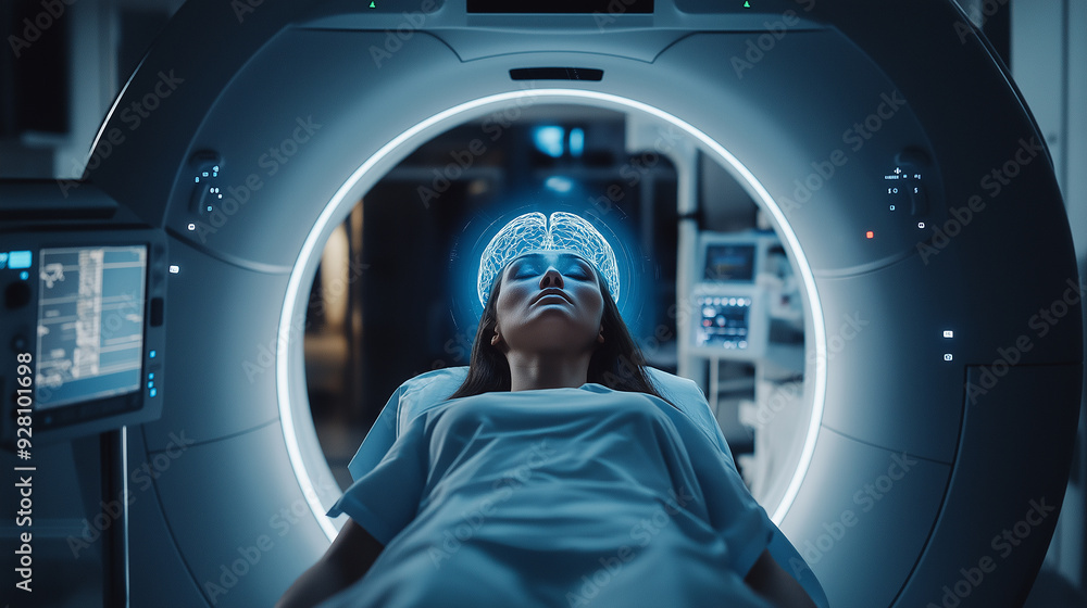 Poster patient undergoing mri scan with brain activity visualization in modern hospital