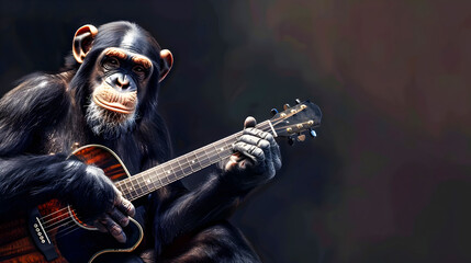 Talented Chimpanzee Musician Performing on Stage with Acoustic Guitar Isolated on a Dark Background