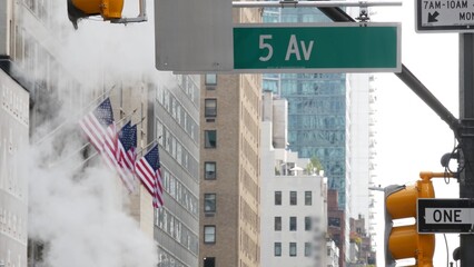 Fifth avenue, 5 ave road sign, Manhattan midtown architecture, New York City 5th av street corner....