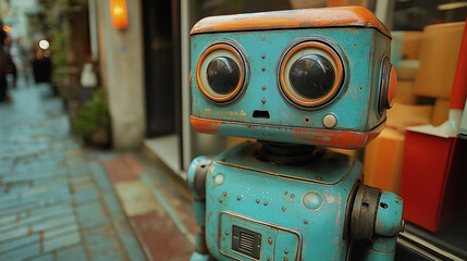 Retro tin robot standing outside on busy city street