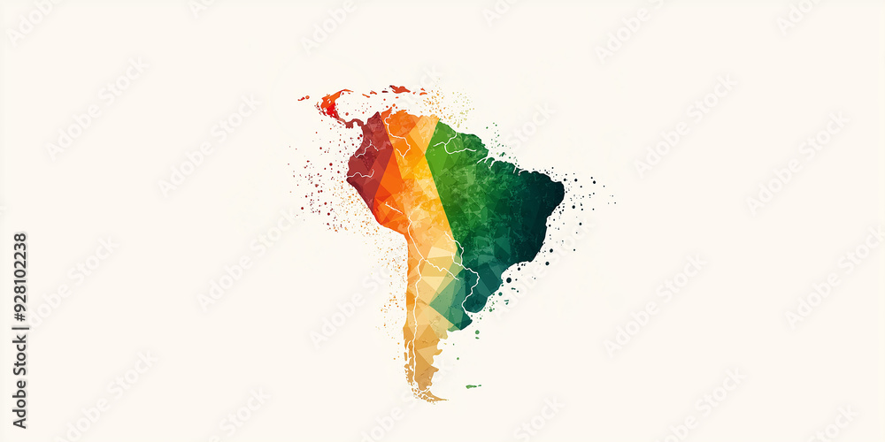 Poster colorful south america map exploding with triangles and particles