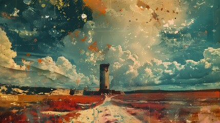 Surreal Landscape with Tower and Painted Sky.