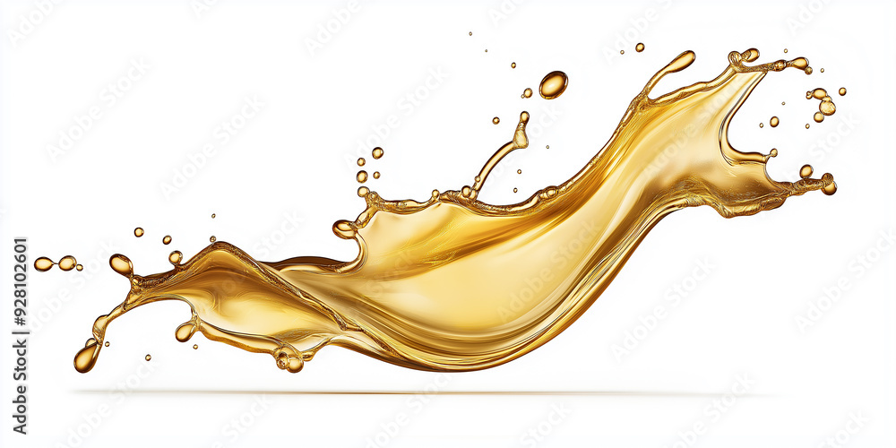 Poster golden liquid splashing and forming dynamic shape on white background