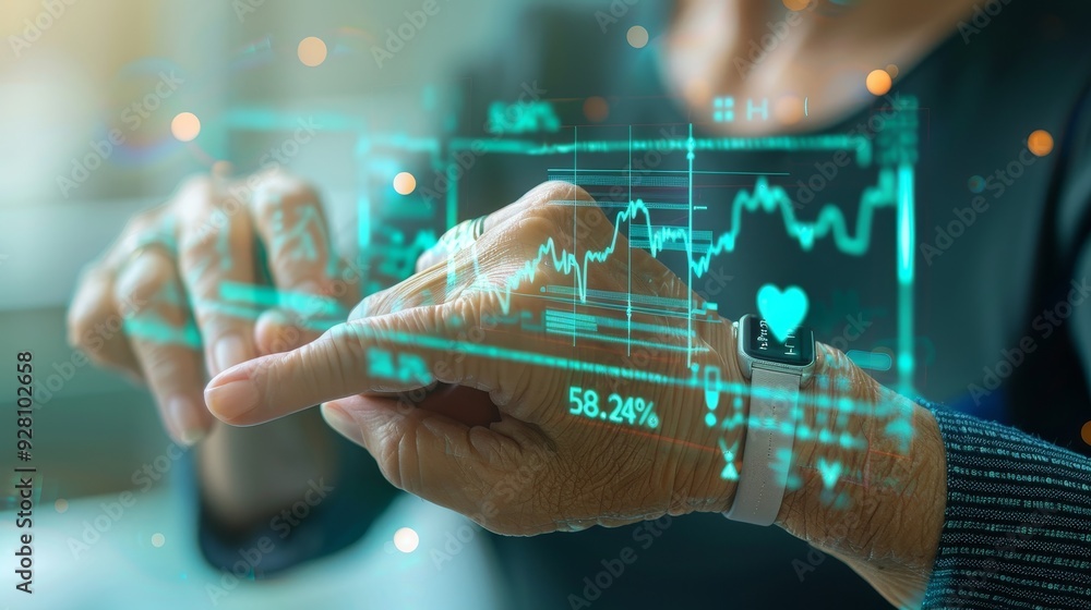 Poster close-up shot of hands interacting with a digital interface displaying health and analytics data, em