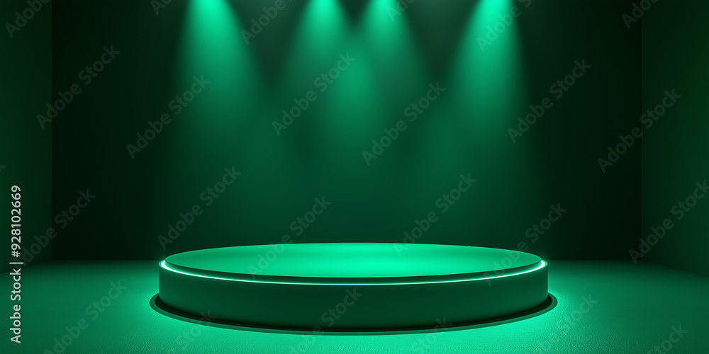 Aufkleber Empty round podium illuminated by three spotlights on green background