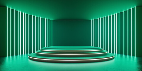 Obraz premium Empty green neon stage illuminated with led lights