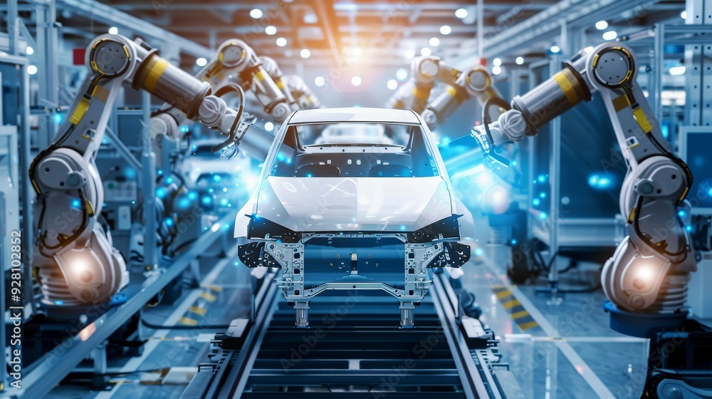 Poster futuristic robotic arms assembling a car in an advanced manufacturing facility, showcasing automatio