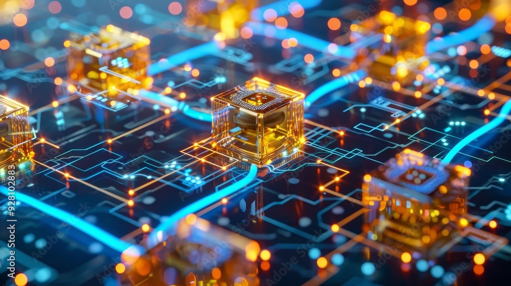 Poster a conceptual image of blockchain technology in use, visualized by a network of interconnected blocks