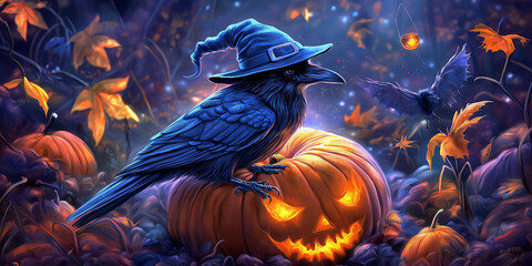 Magical raven wearing wizard hat sitting on glowing pumpkin halloween night