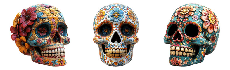 Fototapeta premium Decorative sugar skulls with colorful floral patterns isolated on transparent background