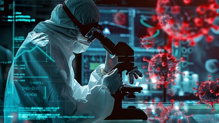 A detailed image of a scientist in a laboratory wearing protective gear, analyzing samples of the mpox virus under a microscope, with digital data and virus illustrations overlayed in the background