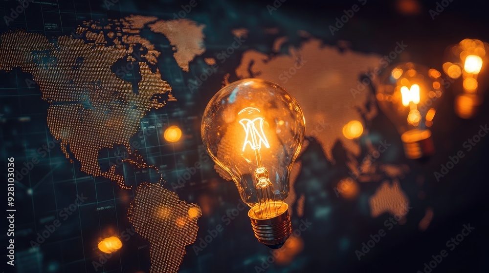 Poster brightly lit world map on a dark background with light bulb icons placed in various countries, showi