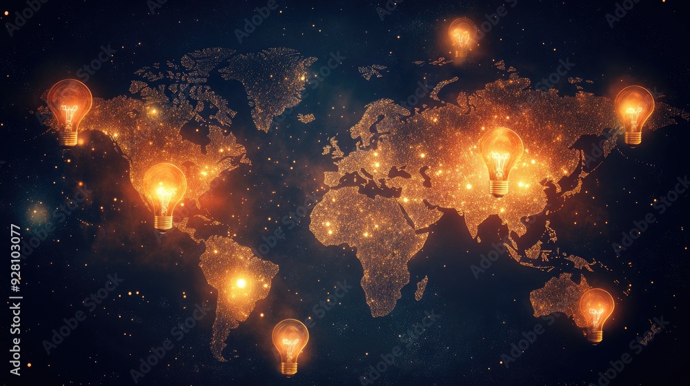 Poster brightly lit world map on a dark background with light bulb icons placed in various countries, showi